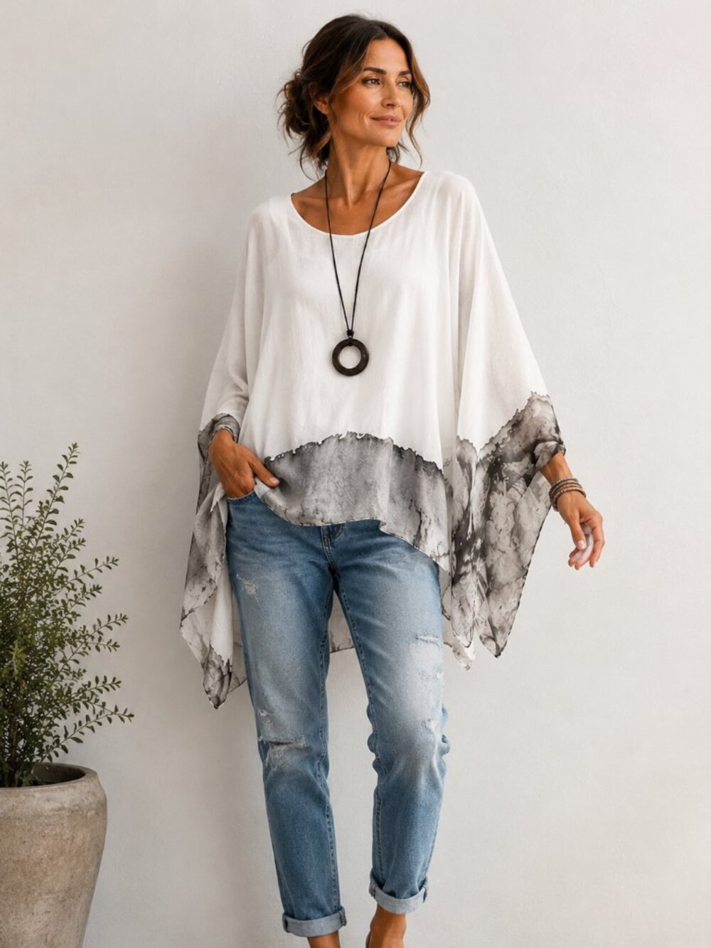 Le Marais Paris Oversized Tunic Top White Gray Watercolor Poncho Boho Arts L